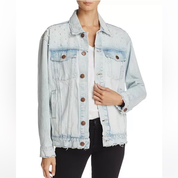 Current/Elliott Boyfriend Trucker studded distressed denim jean jacket - Large - Picture 2 of 4